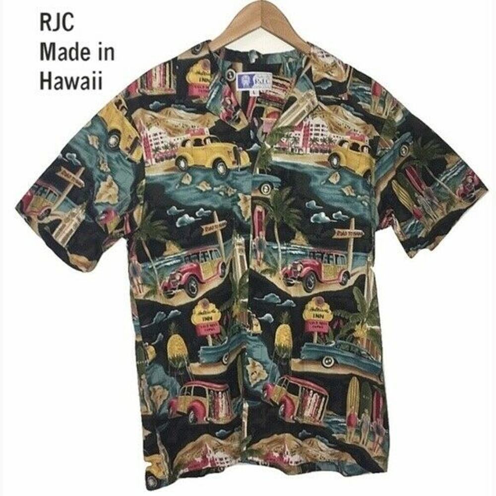RJC Made in Hawaii Aloha Shirt Men's Large Vintage Classic Trucks Black Yellow